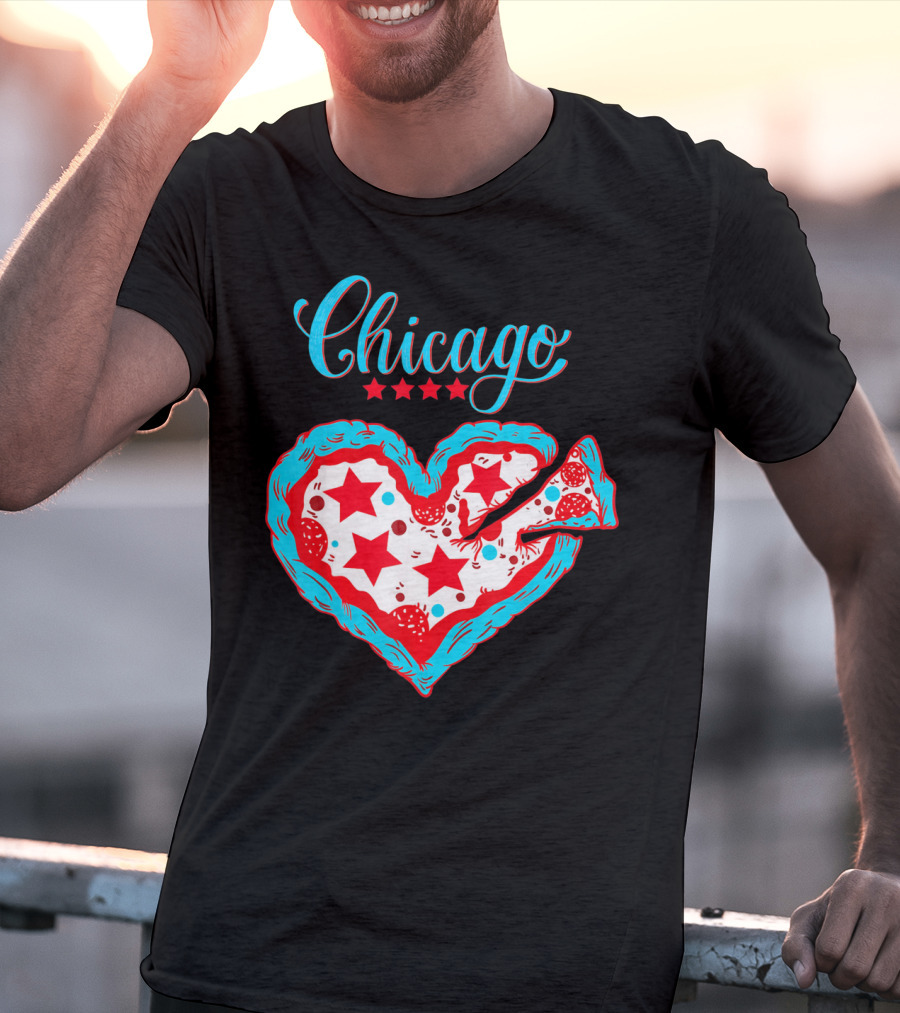 Chicago Heart Pizza Stars Valentines Day T-Shirt