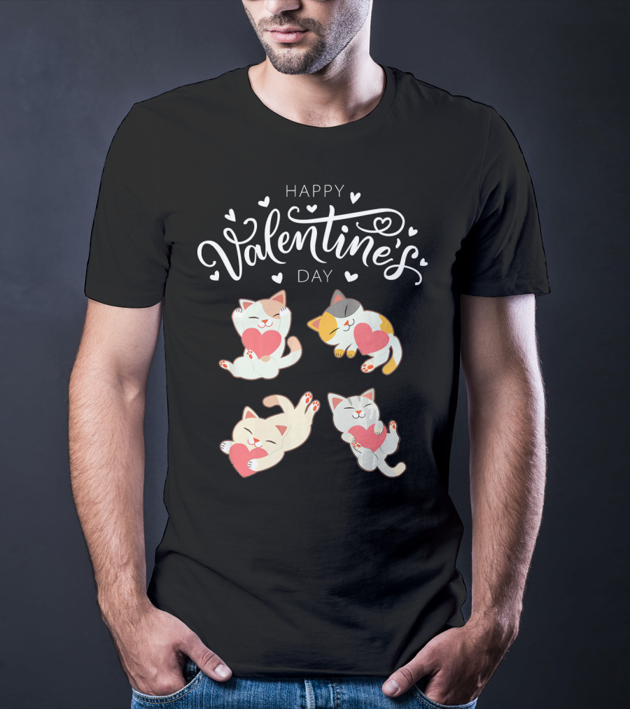 Happy Valentine's Day Four Cute Cats Holding Hearts T-Shirt