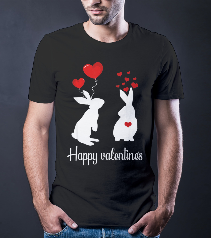Happy Valentine's White Rabbits With Red Heart Balloons T-Shirt