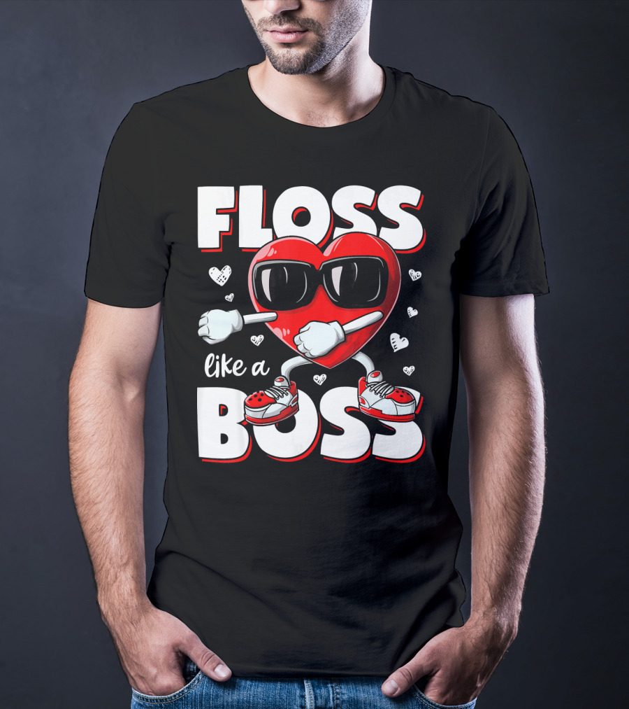 Floss Like A Boss Heart With Sunglasses Valentines Day T-Shirt