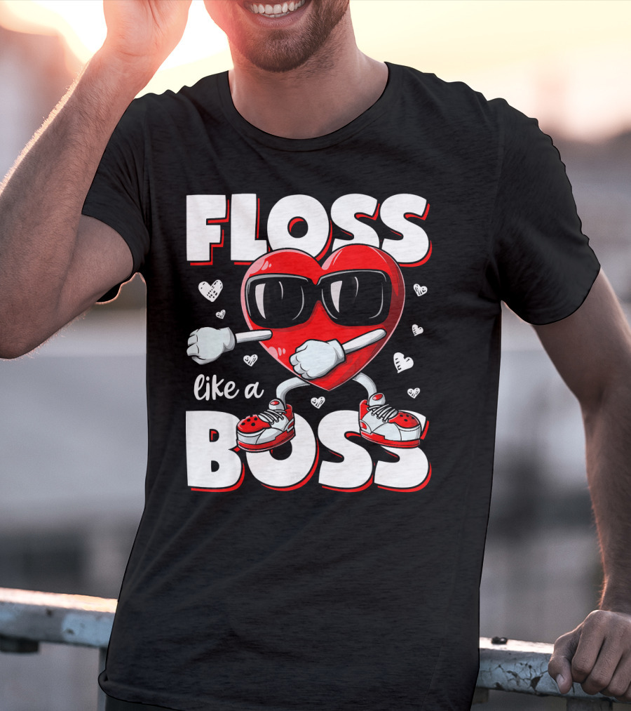 Floss Like A Boss Heart With Sunglasses Valentines Day T-Shirt