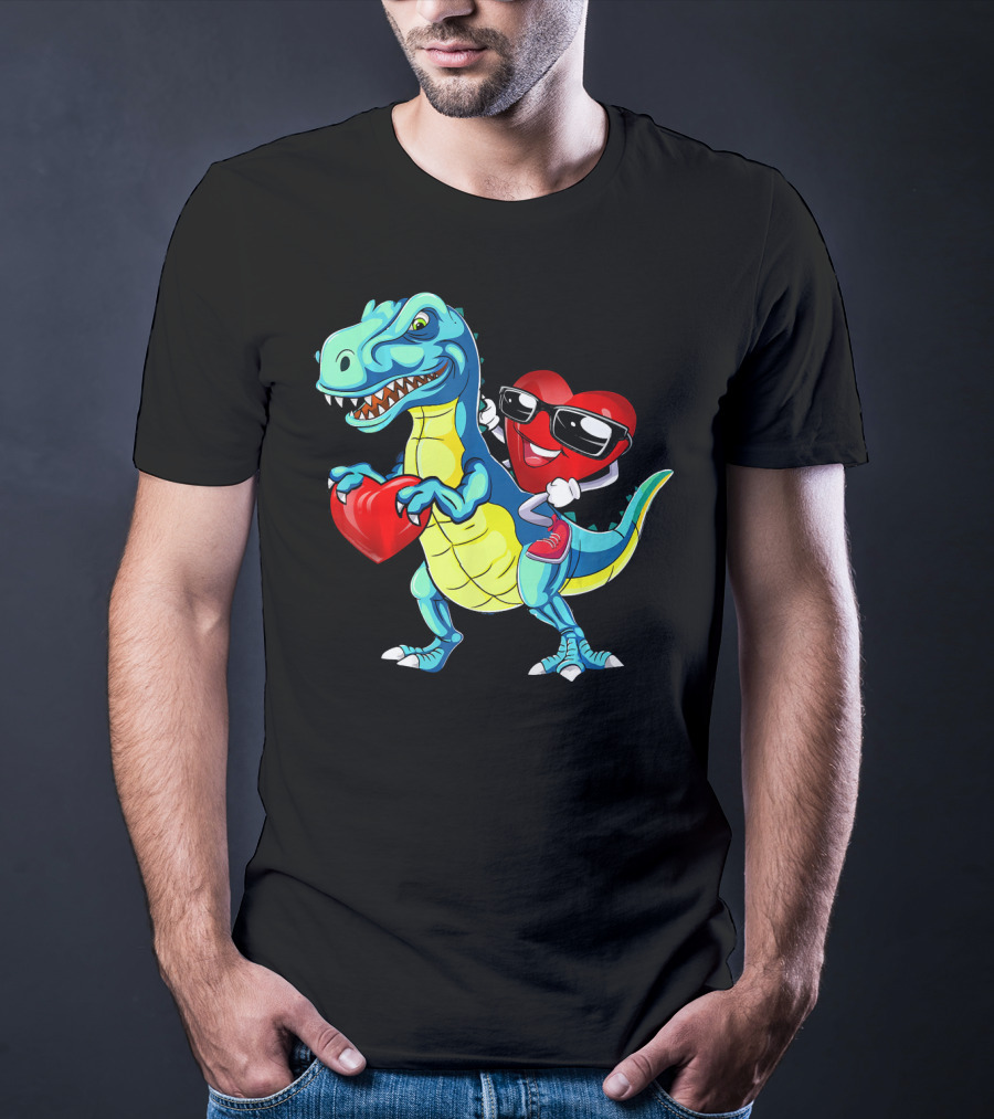 Valentine Heart With Sunglasses Riding Dinosaur With Heart T-Shirt