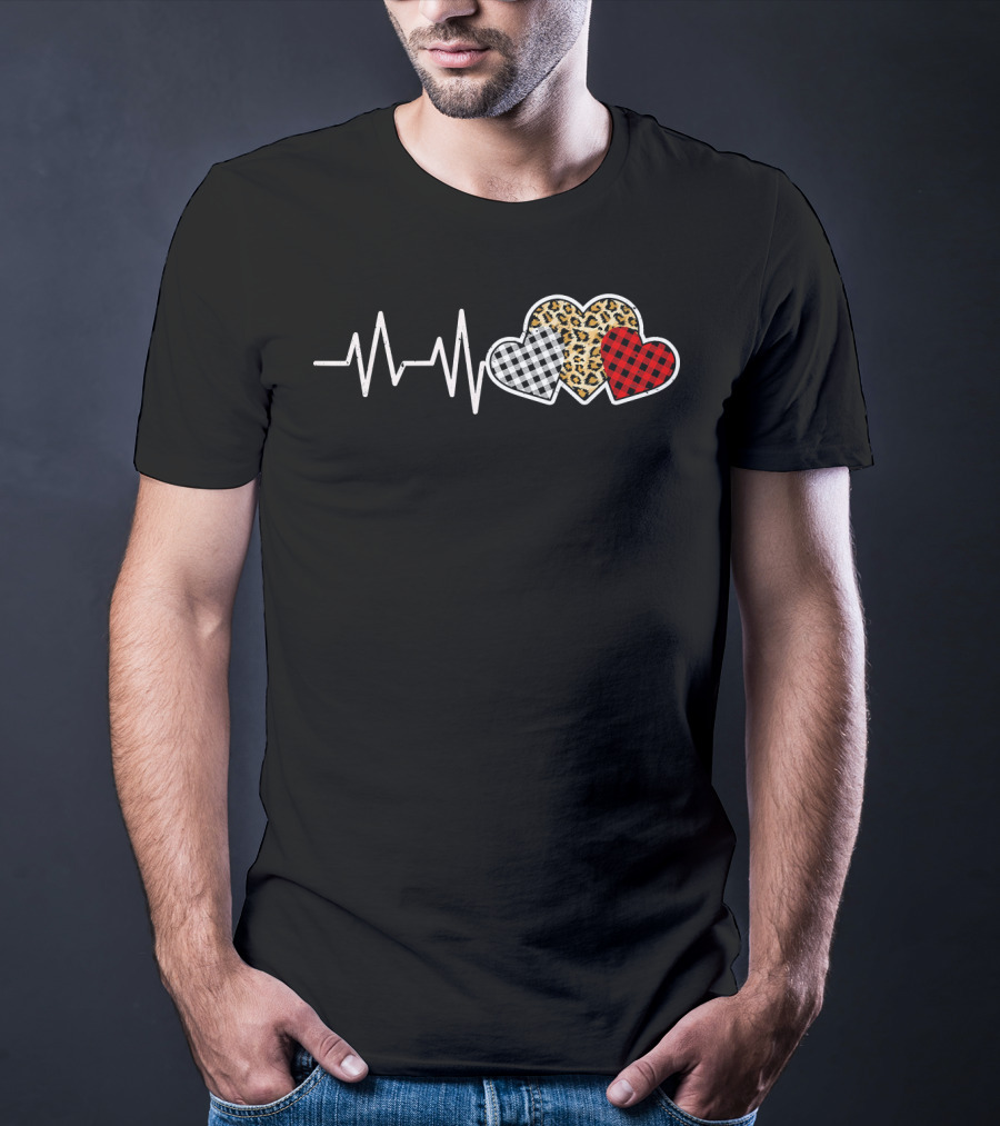 Heartbeat Three Patterned Hearts Leopard Buffalo Plaid T-Shirt