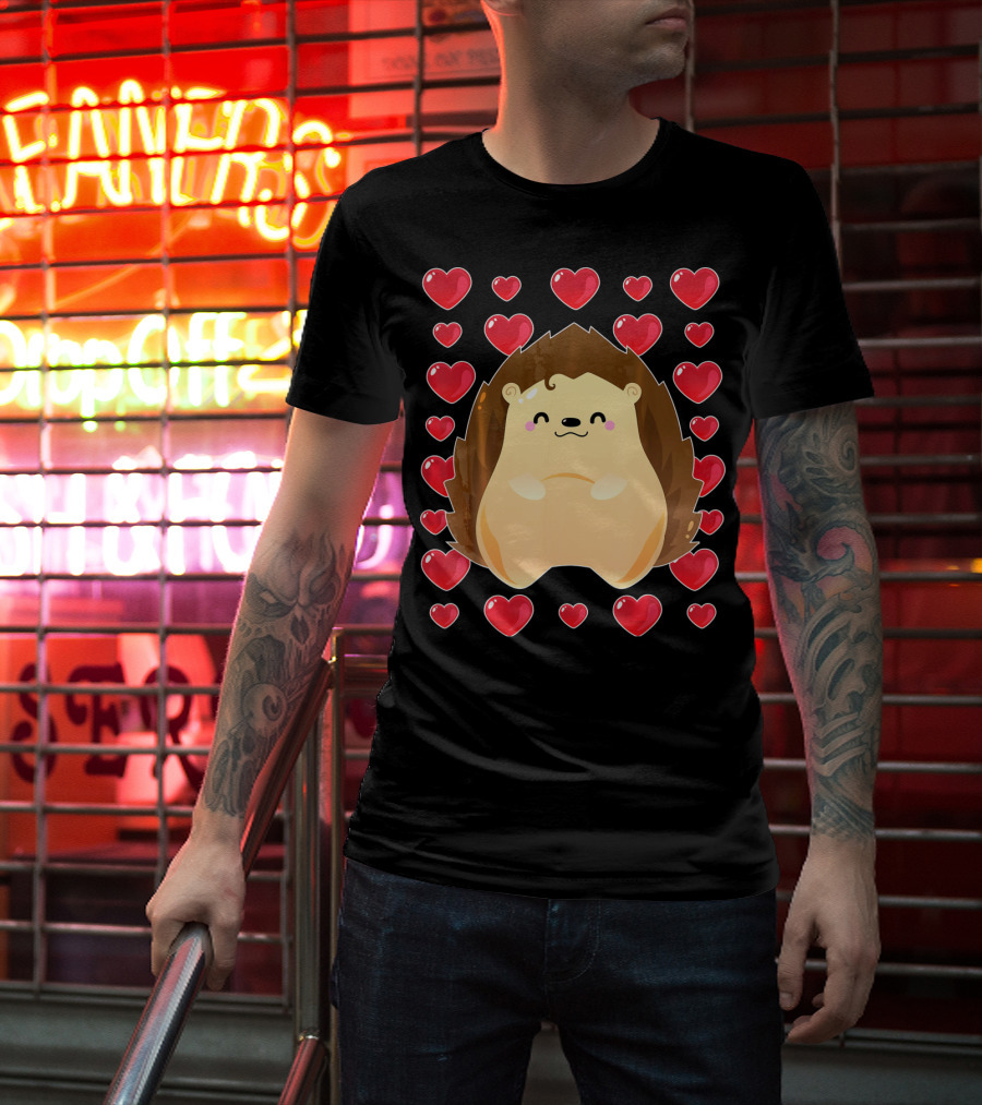 Hedgehog Surrounded By Hearts For Valentines Day T-Shirt