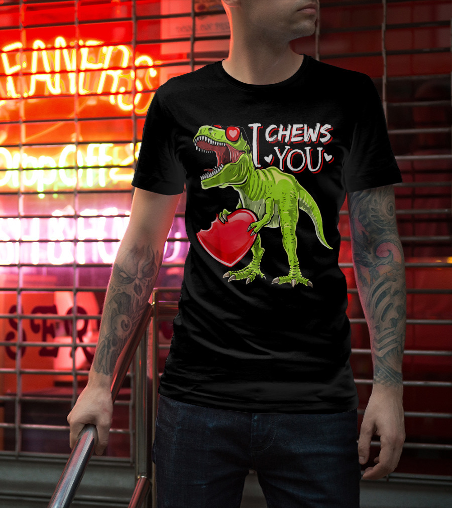 I Chews You Valentine Rex Dinosaur Holding Heart With Red Glasses T-Shirt