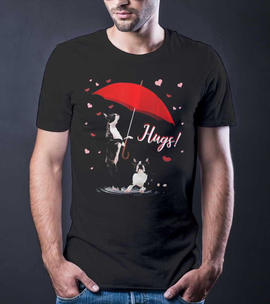 Hugs Boston Terrier Holding Red Umbrella Surrounded By Hearts T-Shirt