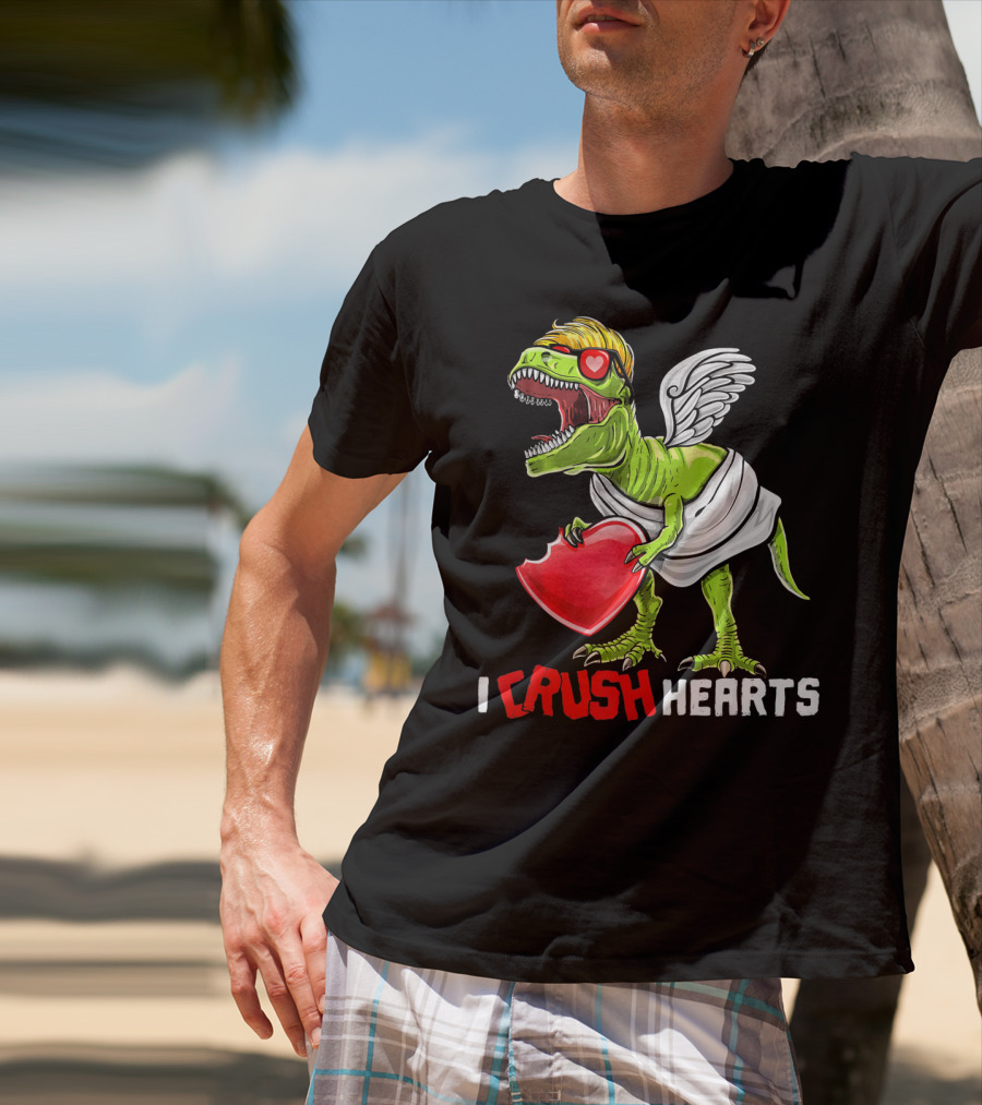 I Crush Hearts Valentine Day T-Rex With Wings And Heart T-Shirt