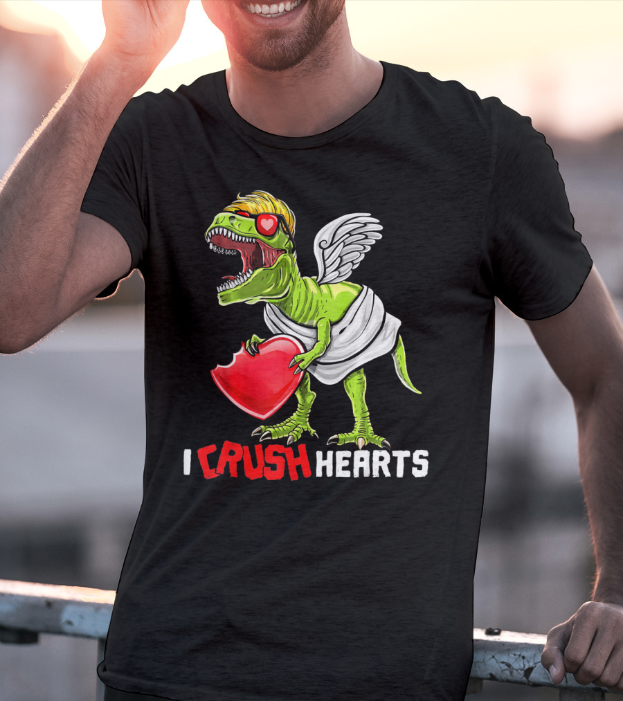 I Crush Hearts Valentine Day T-Rex With Wings And Heart T-Shirt