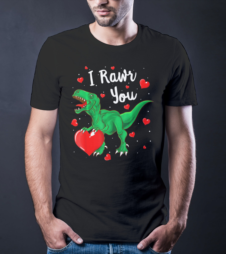 I Rawr You Dinosaur Valentine Green T-Rex With Red Hearts T-Shirt