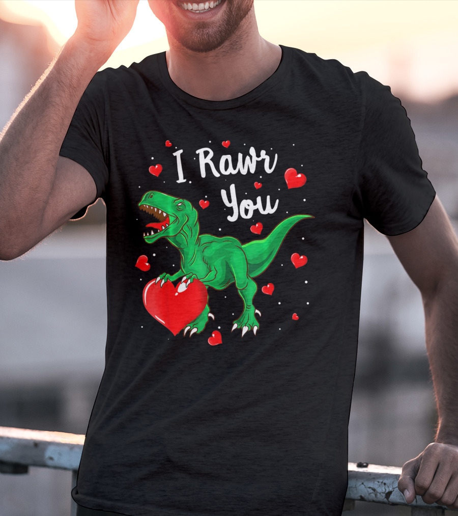 I Rawr You Dinosaur Valentine Green T-Rex With Red Hearts T-Shirt