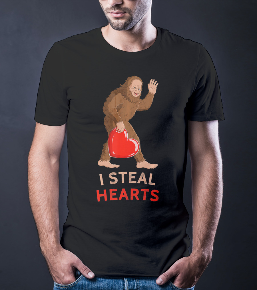 I Steal Hearts Bigfoot Valentine's Day Funny Sasquatch Image T-Shirt