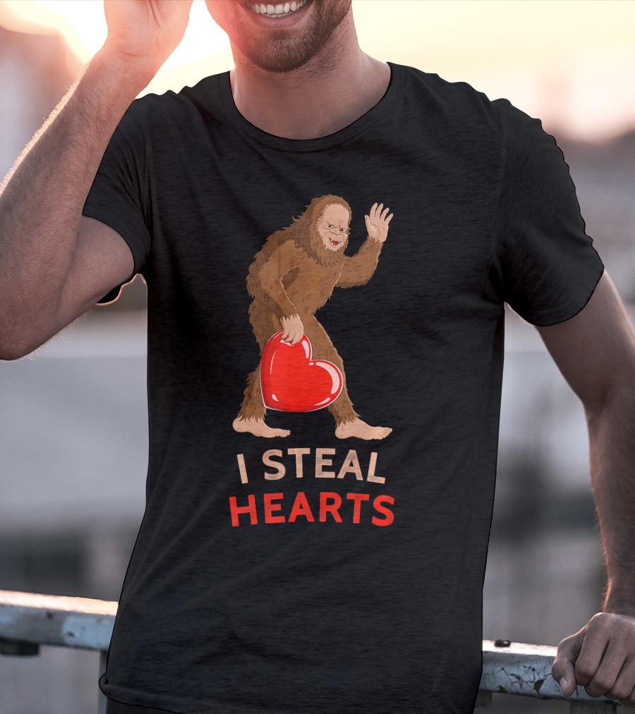 I Steal Hearts Bigfoot Valentine's Day Funny Sasquatch Image T-Shirt
