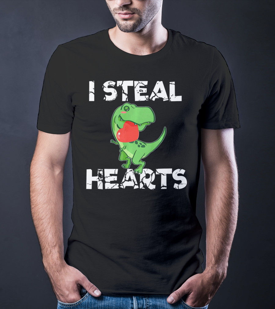 I Steal Hearts Dinosaur Valentine's Day T-Rex Holding Heart T-Shirt