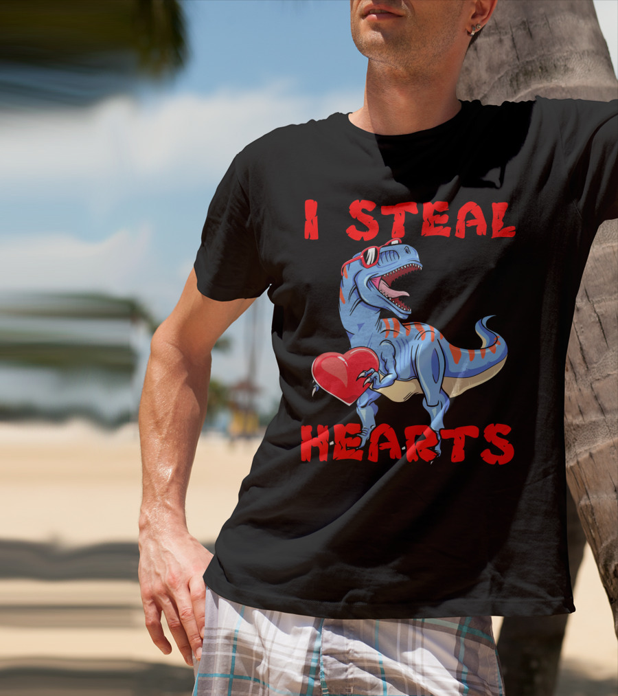 I Steal Hearts Dinosaur Valentines Red Heart Sunglasses T-Shirt