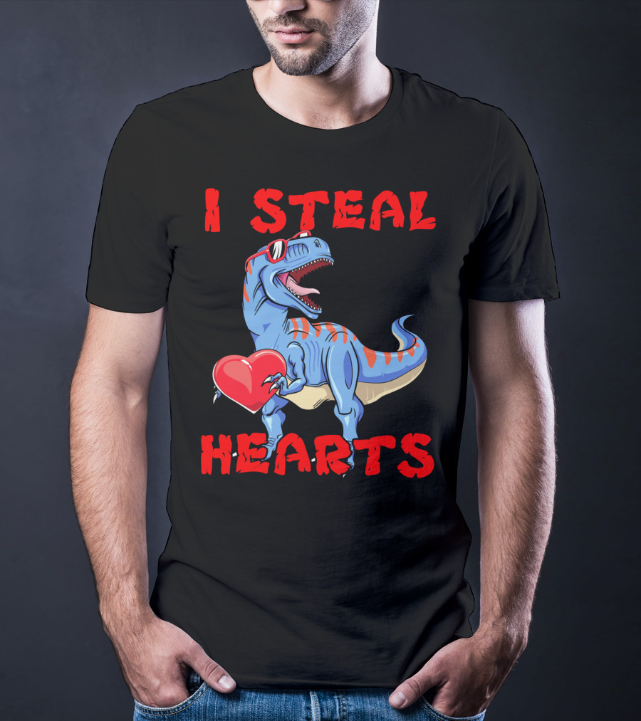 I Steal Hearts Dinosaur Valentines Red Heart Sunglasses T-Shirt