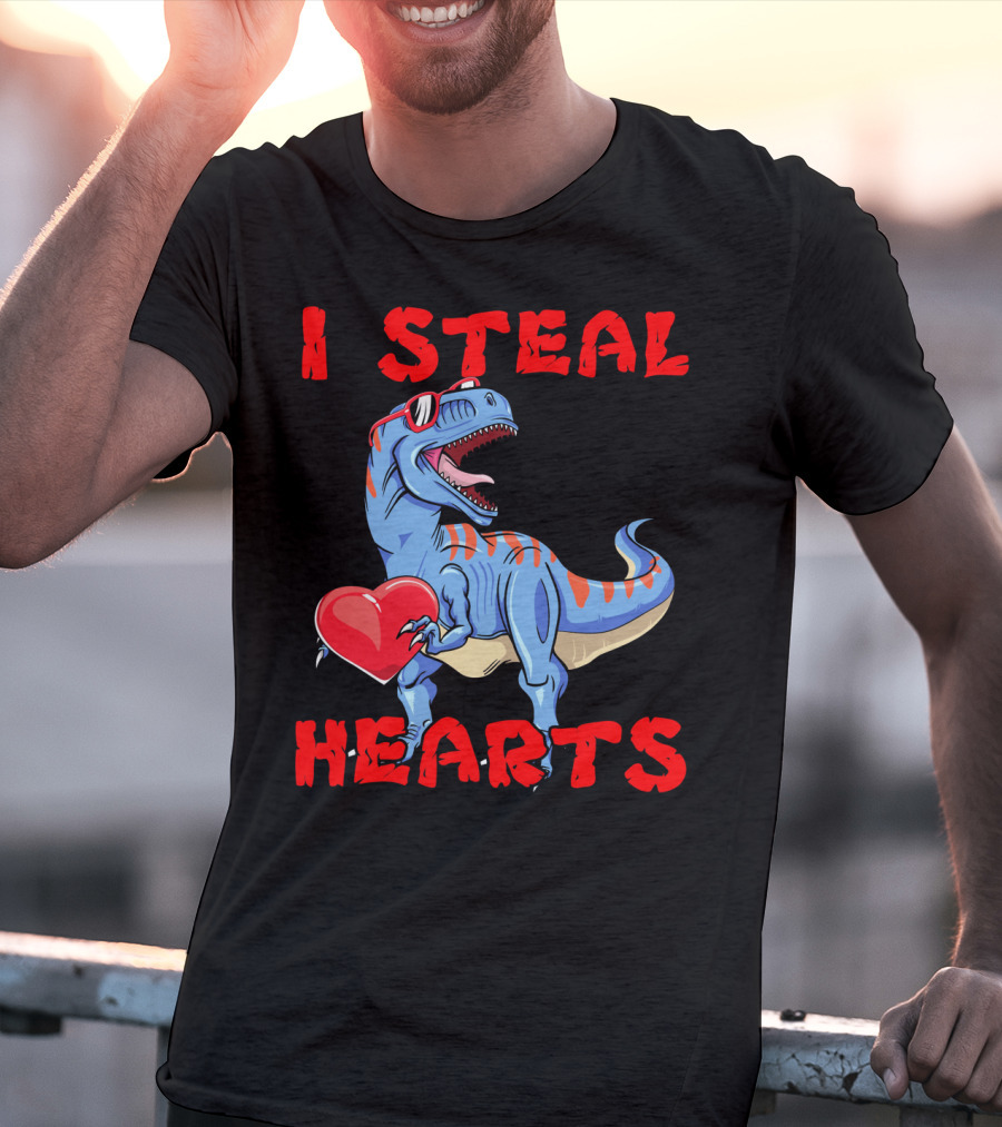I Steal Hearts Dinosaur Valentines Red Heart Sunglasses T-Shirt