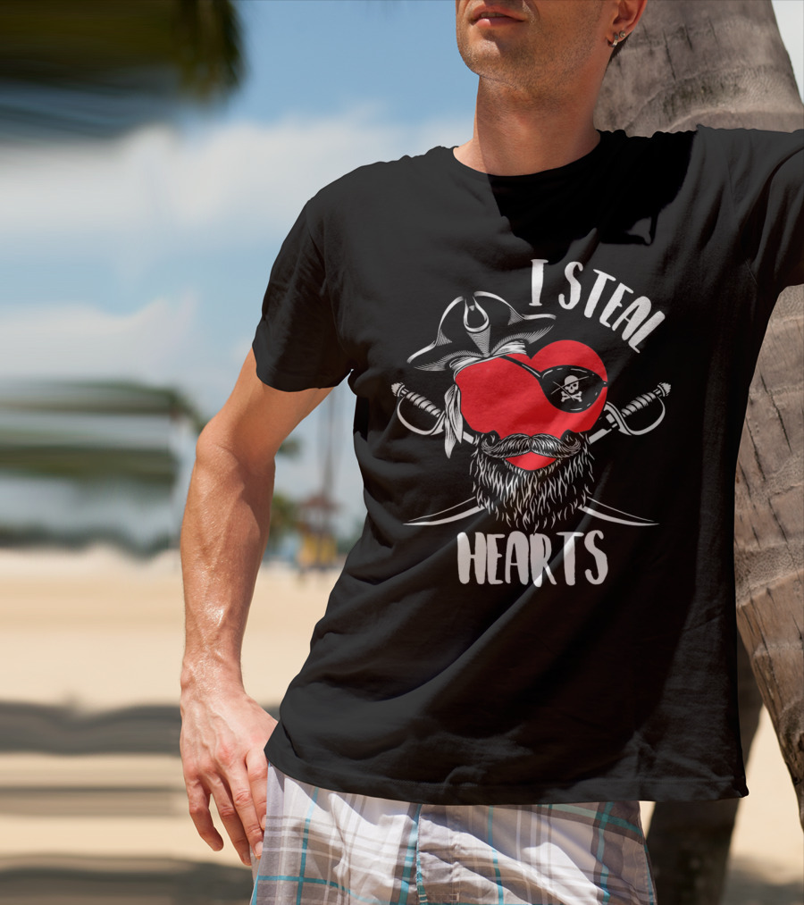 I Steal Hearts Funny Valentines Day Pirate Beard Patch Swords T-Shirt