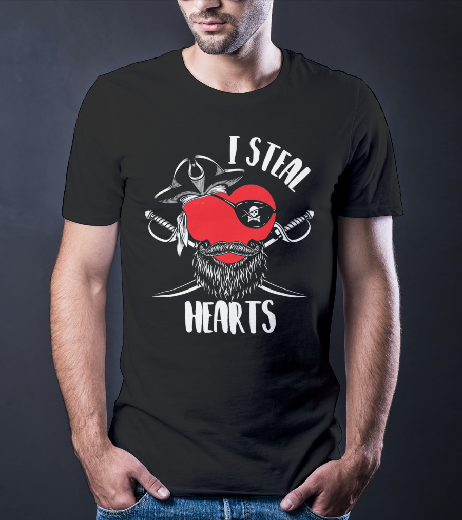 I Steal Hearts Funny Valentines Day Pirate Beard Patch Swords T-Shirt