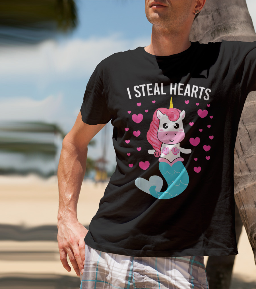 I Steal Hearts Cute Mermaid Unicorn Valentine Hearts T-Shirt