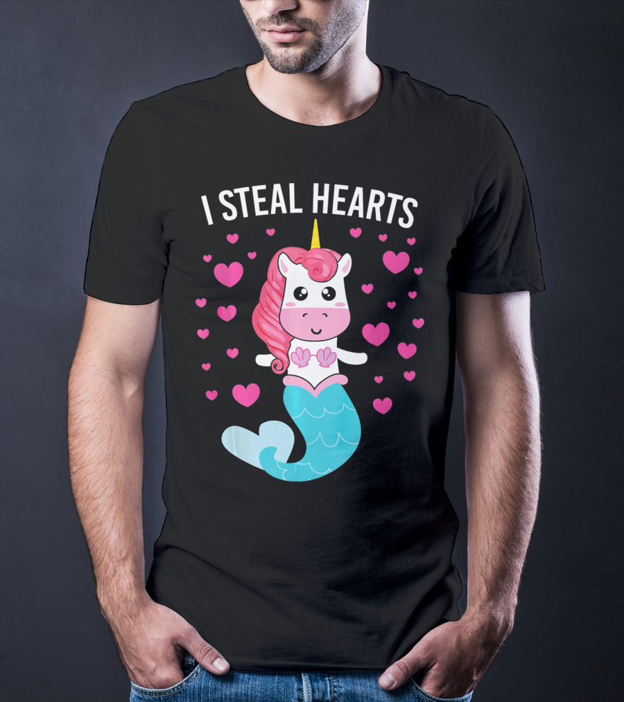 I Steal Hearts Cute Mermaid Unicorn Valentine Hearts T-Shirt