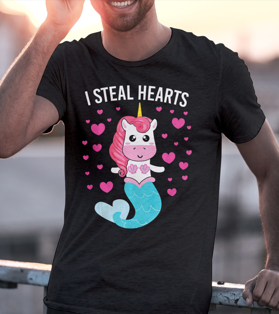 I Steal Hearts Cute Mermaid Unicorn Valentine Hearts T-Shirt