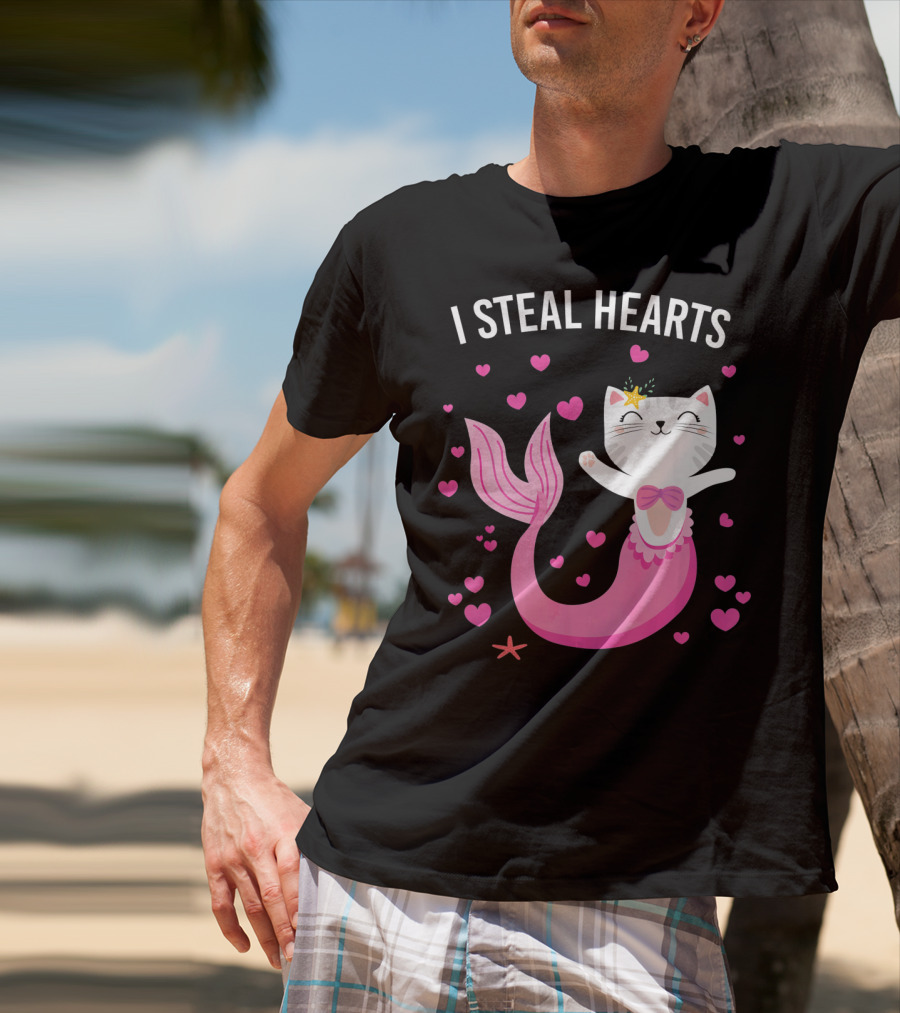 I Steal Hearts Purrmaid Cat Mermaid With Pink Hearts T-Shirt