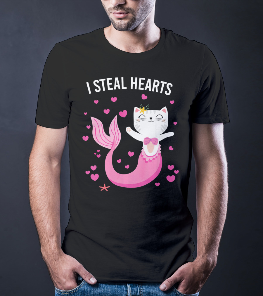 I Steal Hearts Purrmaid Cat Mermaid With Pink Hearts T-Shirt