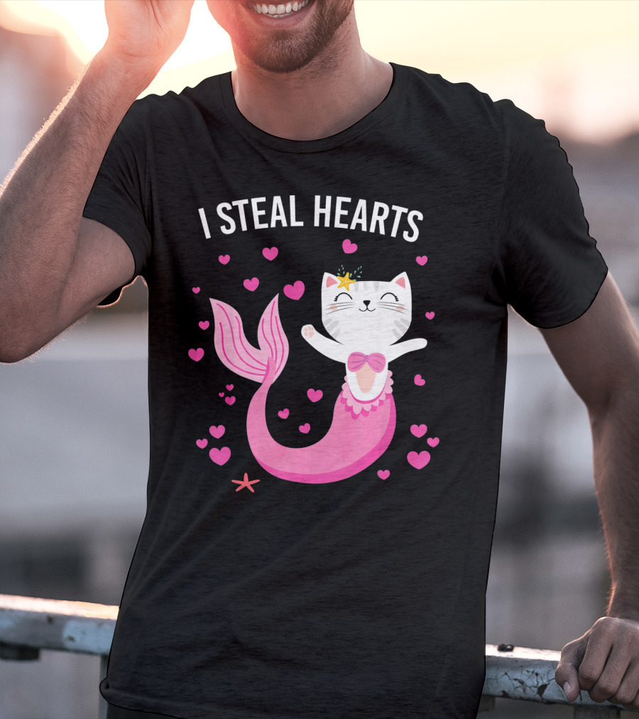 I Steal Hearts Purrmaid Cat Mermaid With Pink Hearts T-Shirt