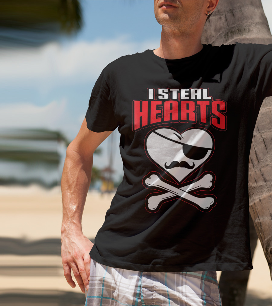 I Steal Hearts Pirate Mustache Crossbones Valentine T-Shirt