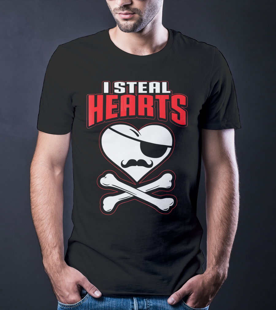 I Steal Hearts Pirate Mustache Crossbones Valentine T-Shirt