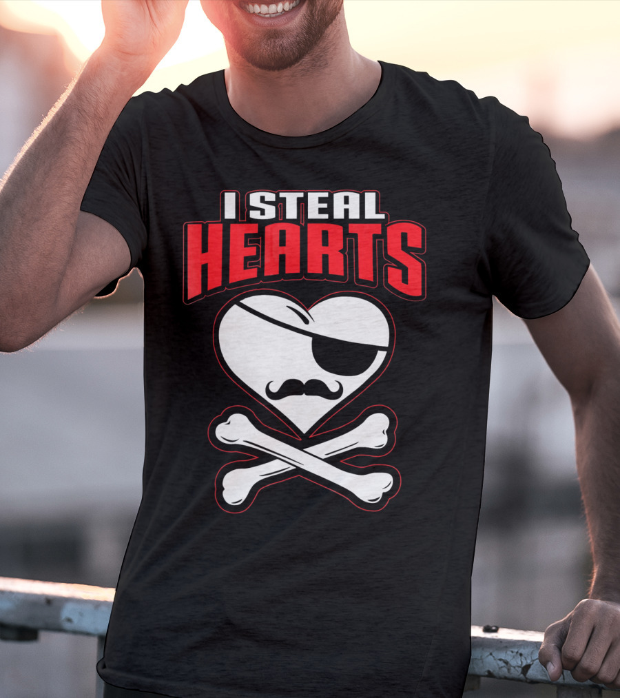 I Steal Hearts Pirate Mustache Crossbones Valentine T-Shirt
