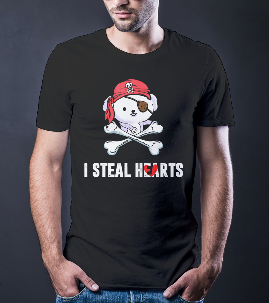 I Steal Hearts Bichon Frise Pirate With Eye Patch And Crossbones T-Shirt