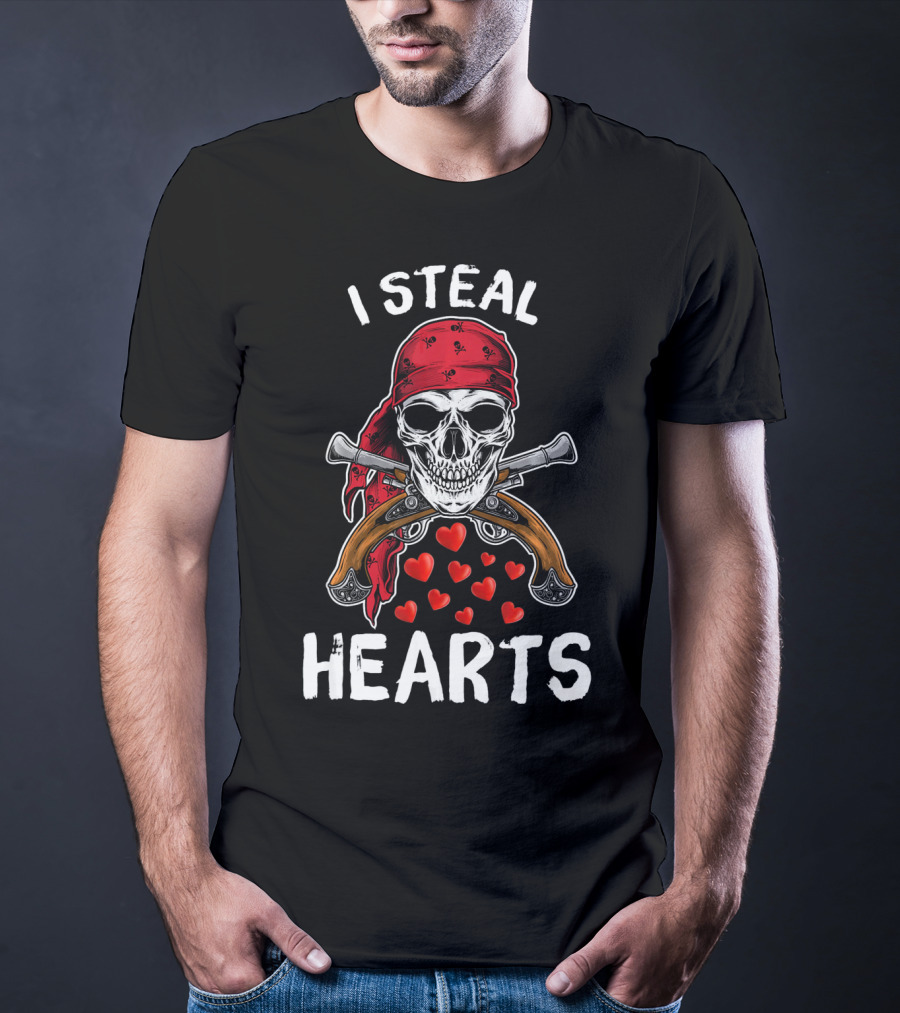 I Steal Hearts Valentines Day Pirate Skull Bandana Guns Hearts T-Shirt