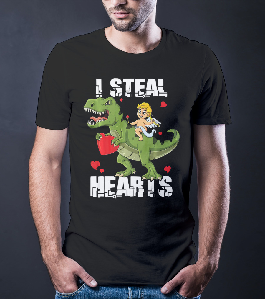 I Steal Hearts Dinosaur With Cupid And Valentines Hearts T-Shirt