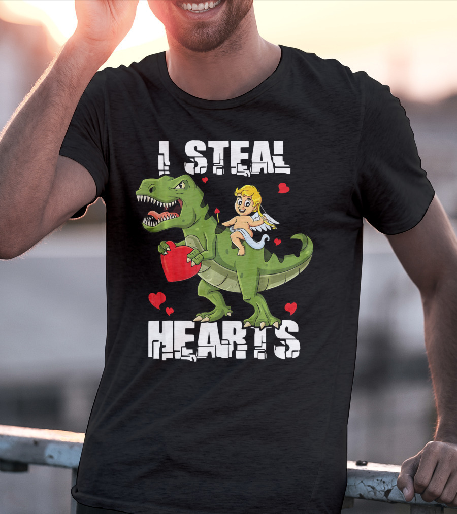 I Steal Hearts Dinosaur With Cupid And Valentines Hearts T-Shirt