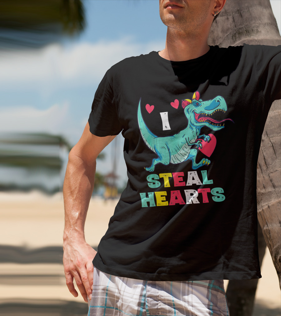 I Steal Hearts Valentine Dinosaur With Red Heart And Cute Hearts T-Shirt