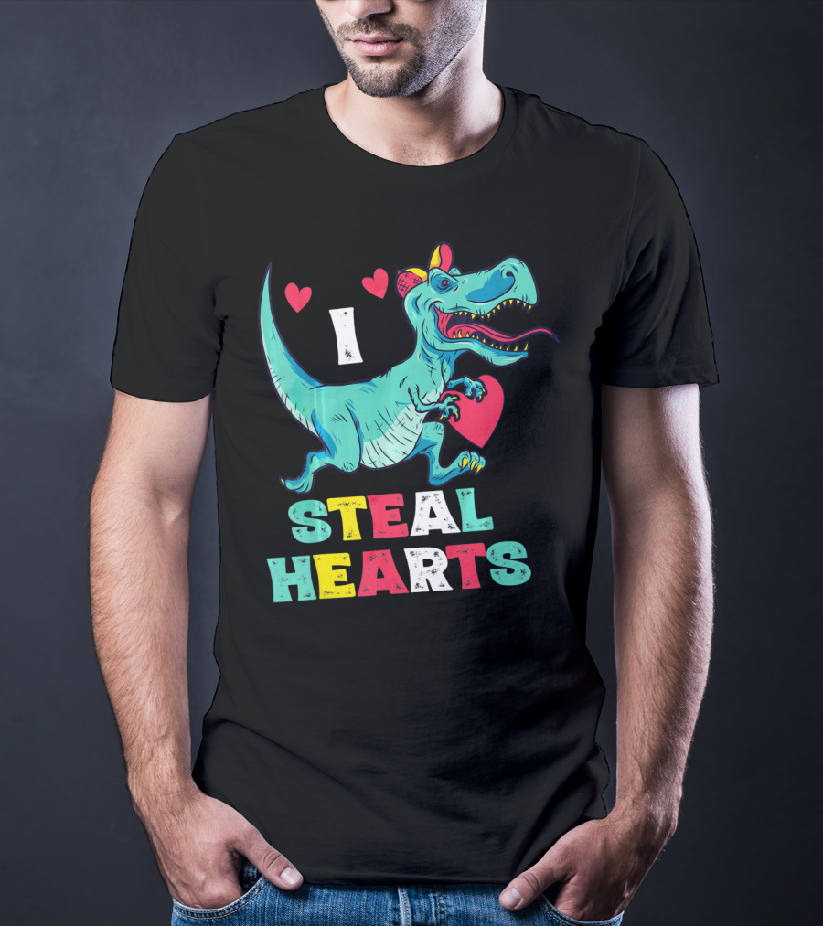 I Steal Hearts Valentine Dinosaur With Red Heart And Cute Hearts T-Shirt