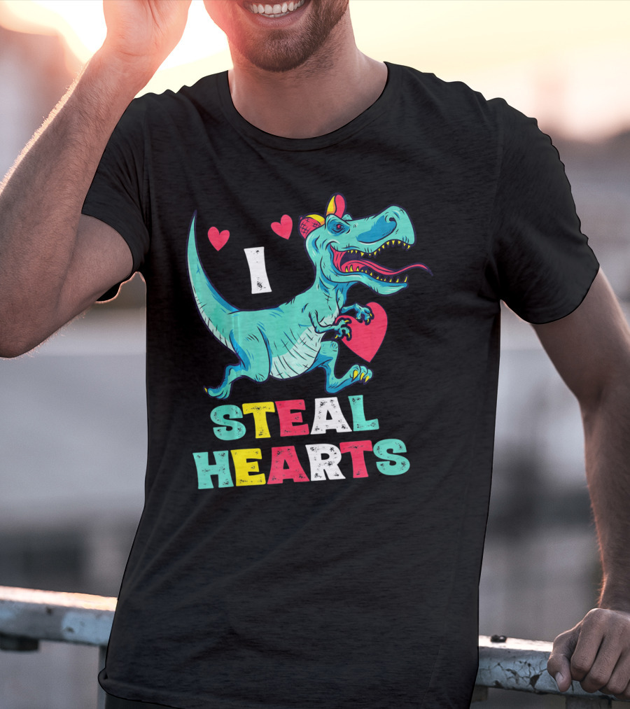 I Steal Hearts Valentine Dinosaur With Red Heart And Cute Hearts T-Shirt
