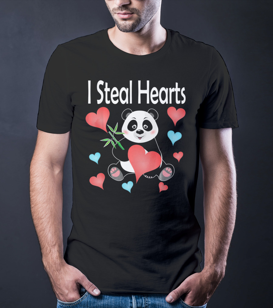 I Steal Hearts Valentines Day Panda Holding Heart And Bamboo T-Shirt