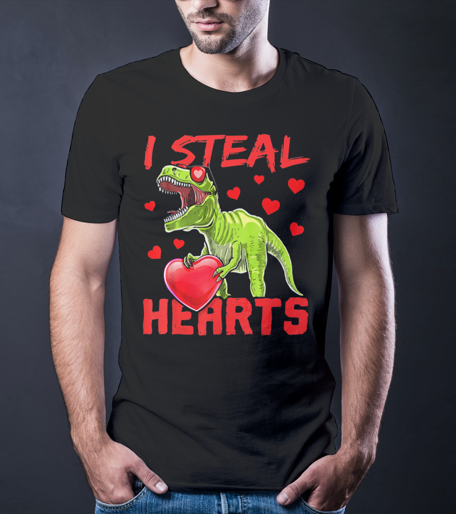 I Steal Hearts Valentines Day Rex Dino Holding Heart Surrounded By Hearts T-Shirt