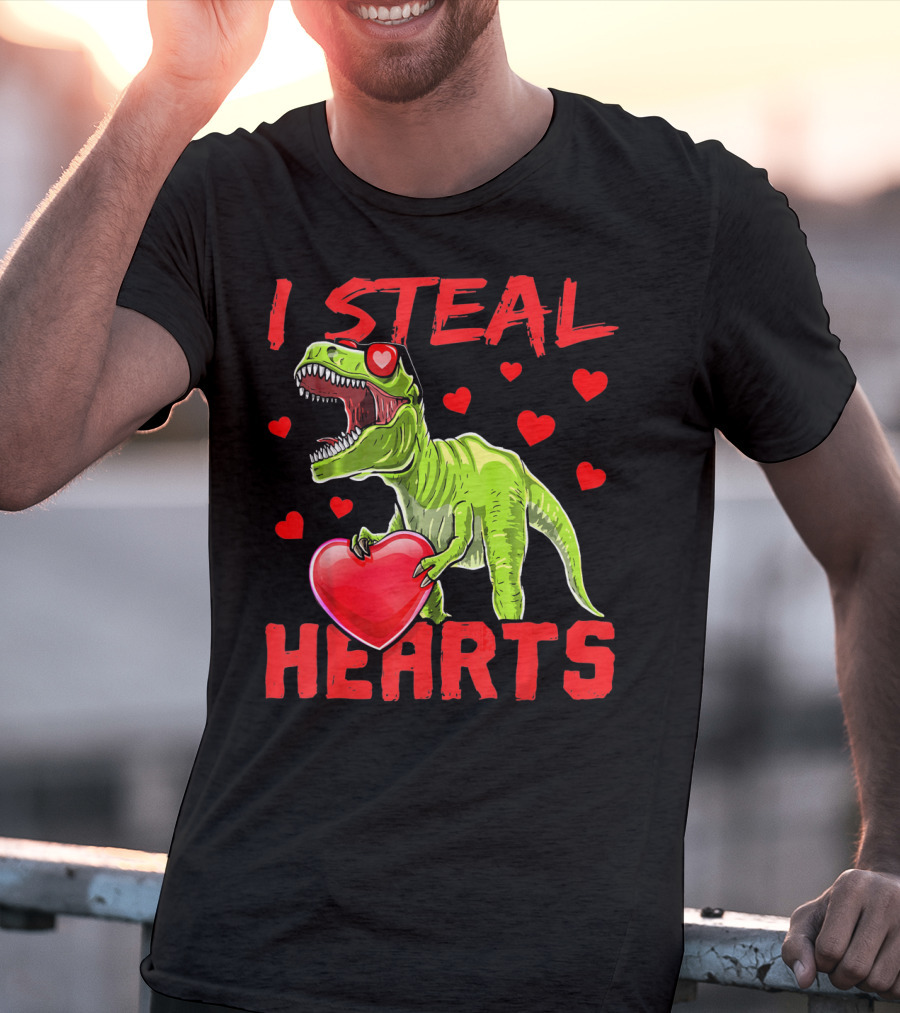 I Steal Hearts Valentines Day Rex Dino Holding Heart Surrounded By Hearts T-Shirt