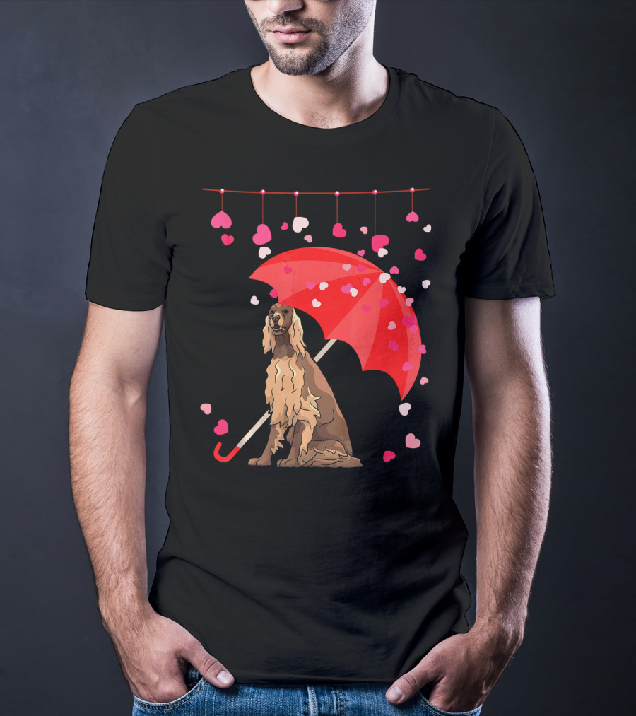 Irish Setter With Red Umbrella And Falling Hearts Valentine T-Shirt