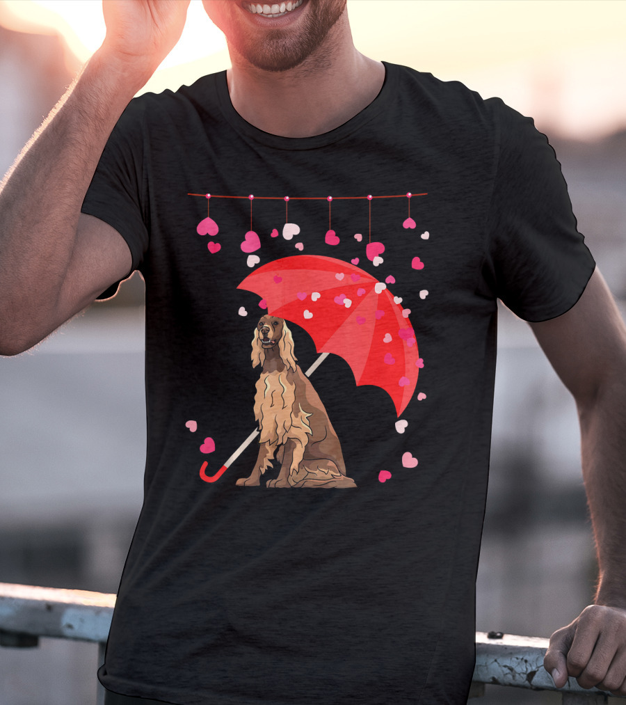 Irish Setter With Red Umbrella And Falling Hearts Valentine T-Shirt