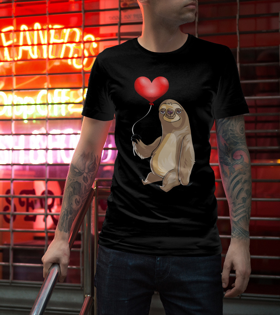 Kids Valentines Day Sloth Holding Heart Balloon T-Shirt