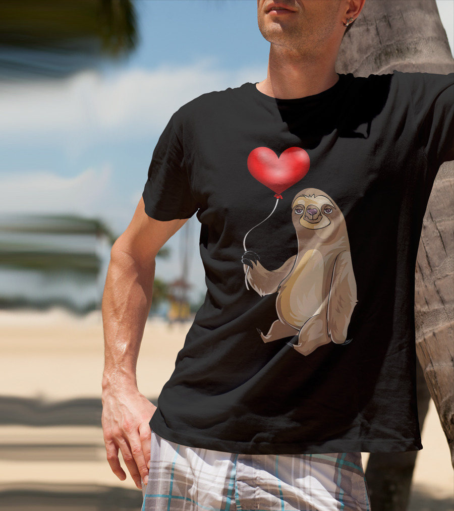 Kids Valentines Day Sloth Holding Heart Balloon T-Shirt