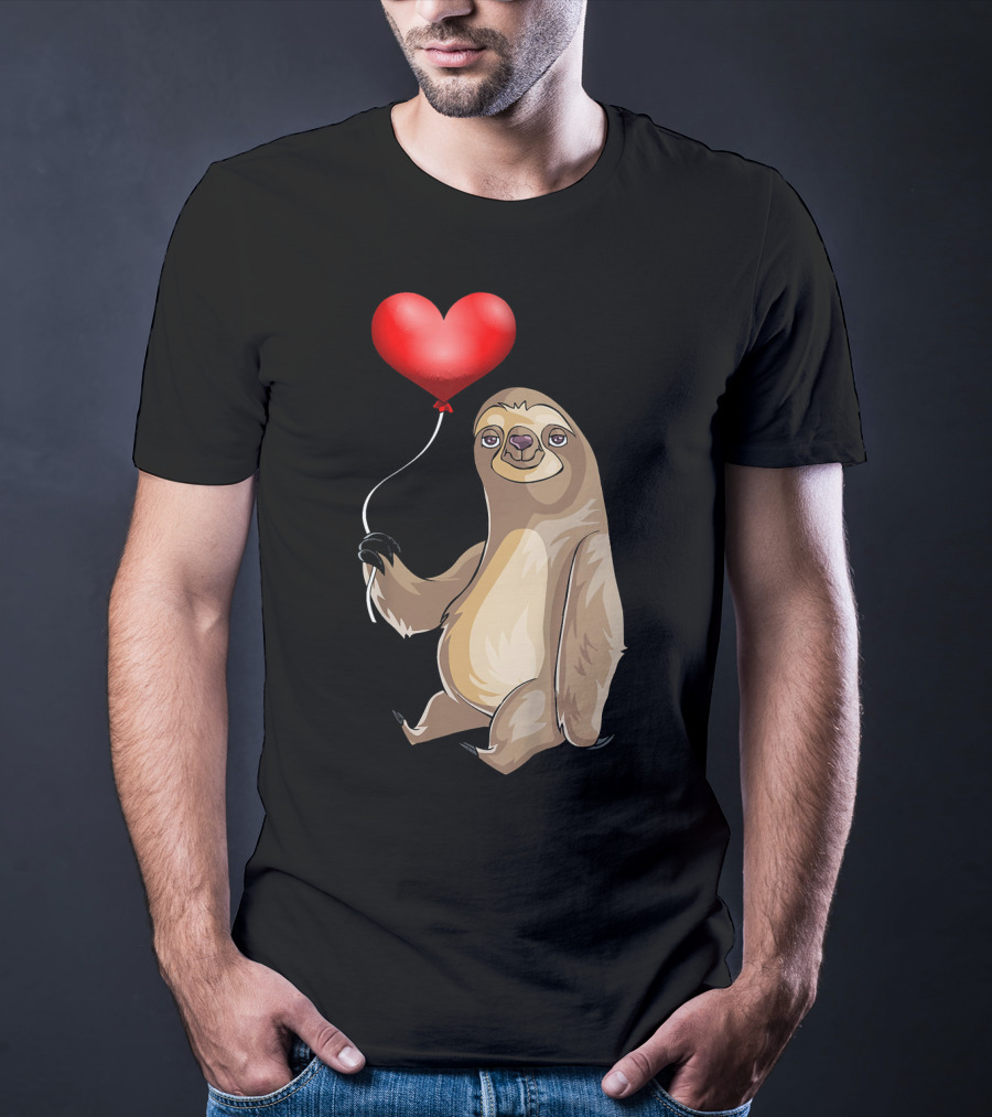 Kids Valentines Day Sloth Holding Heart Balloon T-Shirt