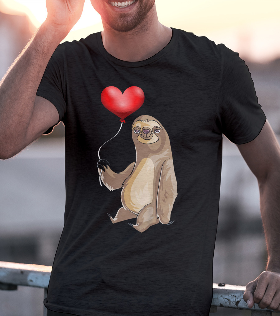 Kids Valentines Day Sloth Holding Heart Balloon T-Shirt