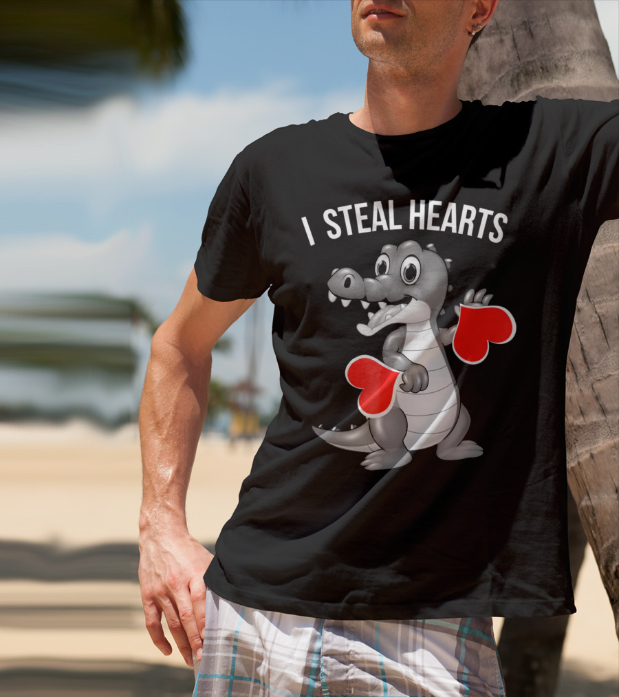 Kids Valentines Day I Steal Hearts Crocodile Holding Red Hearts T-Shirt