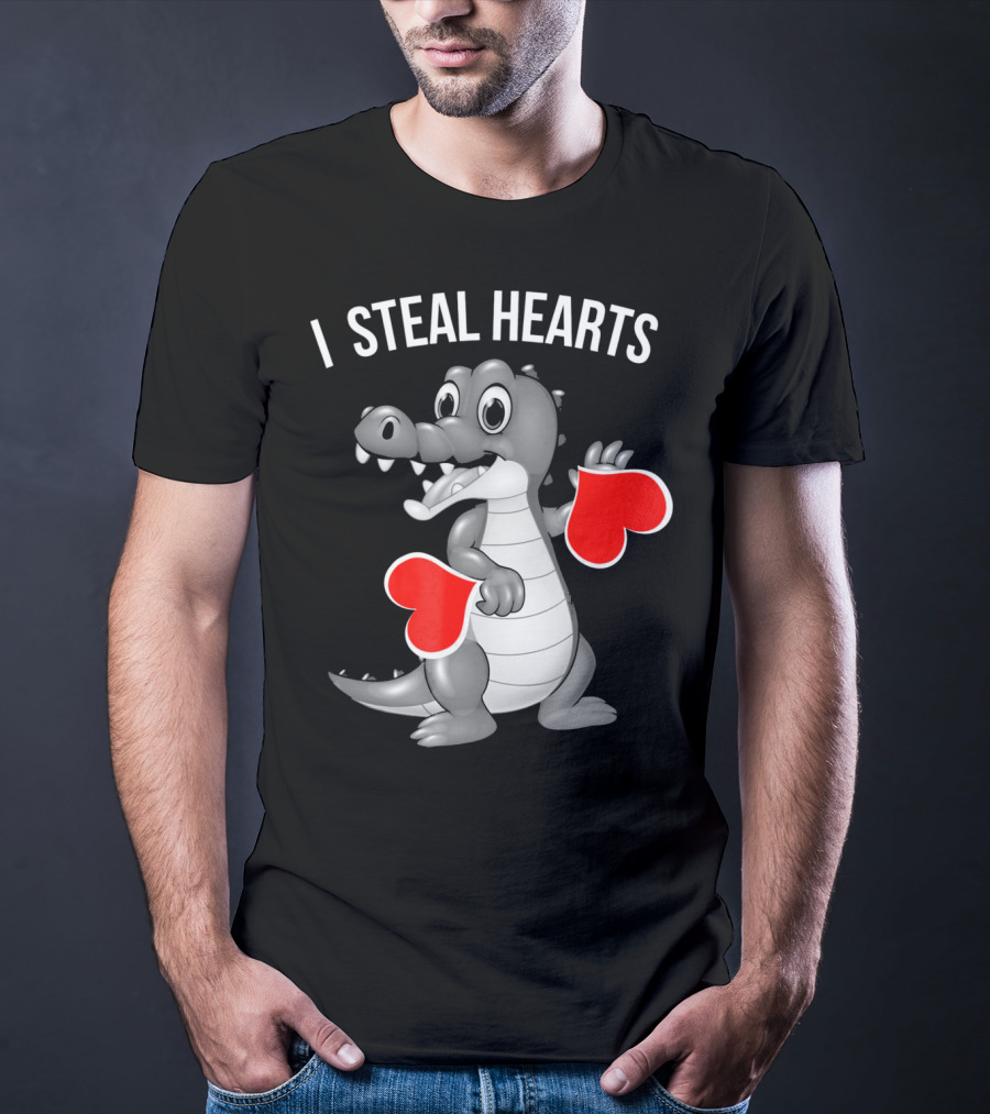 Kids Valentines Day I Steal Hearts Crocodile Holding Red Hearts T-Shirt