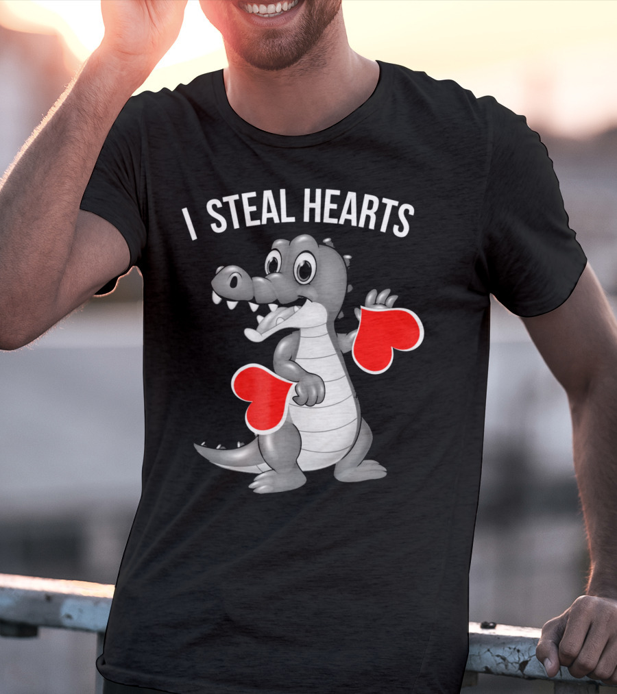 Kids Valentines Day I Steal Hearts Crocodile Holding Red Hearts T-Shirt